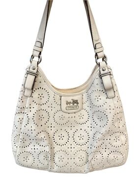 Coach Ivory Laser Cut Perforated Leather Maggie Shoulder Bag